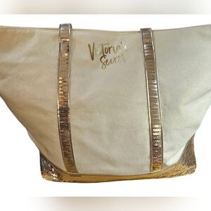 Victoria's Secret Cream and Gold Tote 18 X 14"